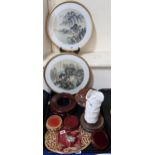 A pair of circular pictures on silk, a blanc de chine vase decorated with dragons, various