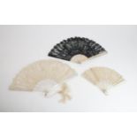 THREE 19TH CENTURY LACE FANS two with cream lace leaves on mother of pearl sticks, one with silvered
