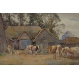 W.S.COOPER Feeding chickens, with cattle before farm buildings, signed, watercolour, dated, (18)