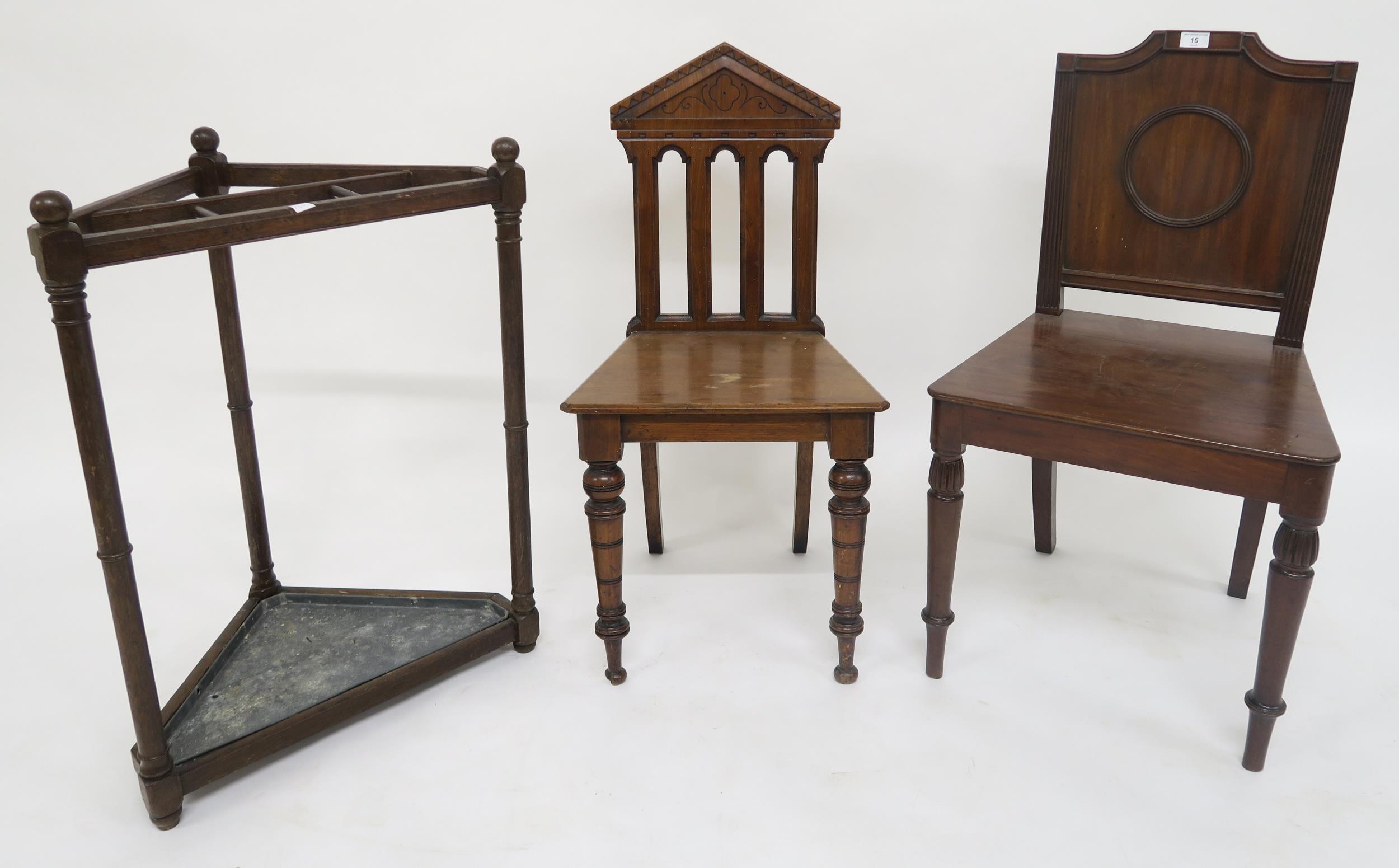 A Victorian mahogany hall chair, a Victorian oak court chair and a 20th century oak corner