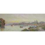 DUDLEY WARD River scenes with boats before a town and stately home, signed, gouache, 27 x 68cm (2)