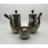 A George V silver cafe au lait set, with turned wooden handles, by Goldsmiths & Silversmiths Co Ltd,