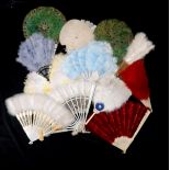 A LARGE GROUP OF FEATHER FANS comprising modern peacock feather hand fans, coloured feather