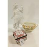 A parian figure of a goddess, a Samson scale design square trinket box and a Derby sauce tureen