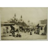 ROBERT ALLAN Street scene, before a mosque, signed, etching, 24 x 32cm,LUMSDEN City bridge,