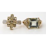 A chequer board cut green amethyst and diamond accent ring, size N1/2, together with another 9ct