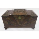 An early 20th century Oriental style carved camphor wood blanket chest, 57cm high x 103cm wide x