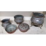 A two copper cauldrons one on stand and three other copper ware items (5) Condition Report:Available