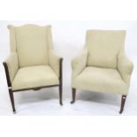 A 19th century cream upholstered armchair on square tapering supports and another cream