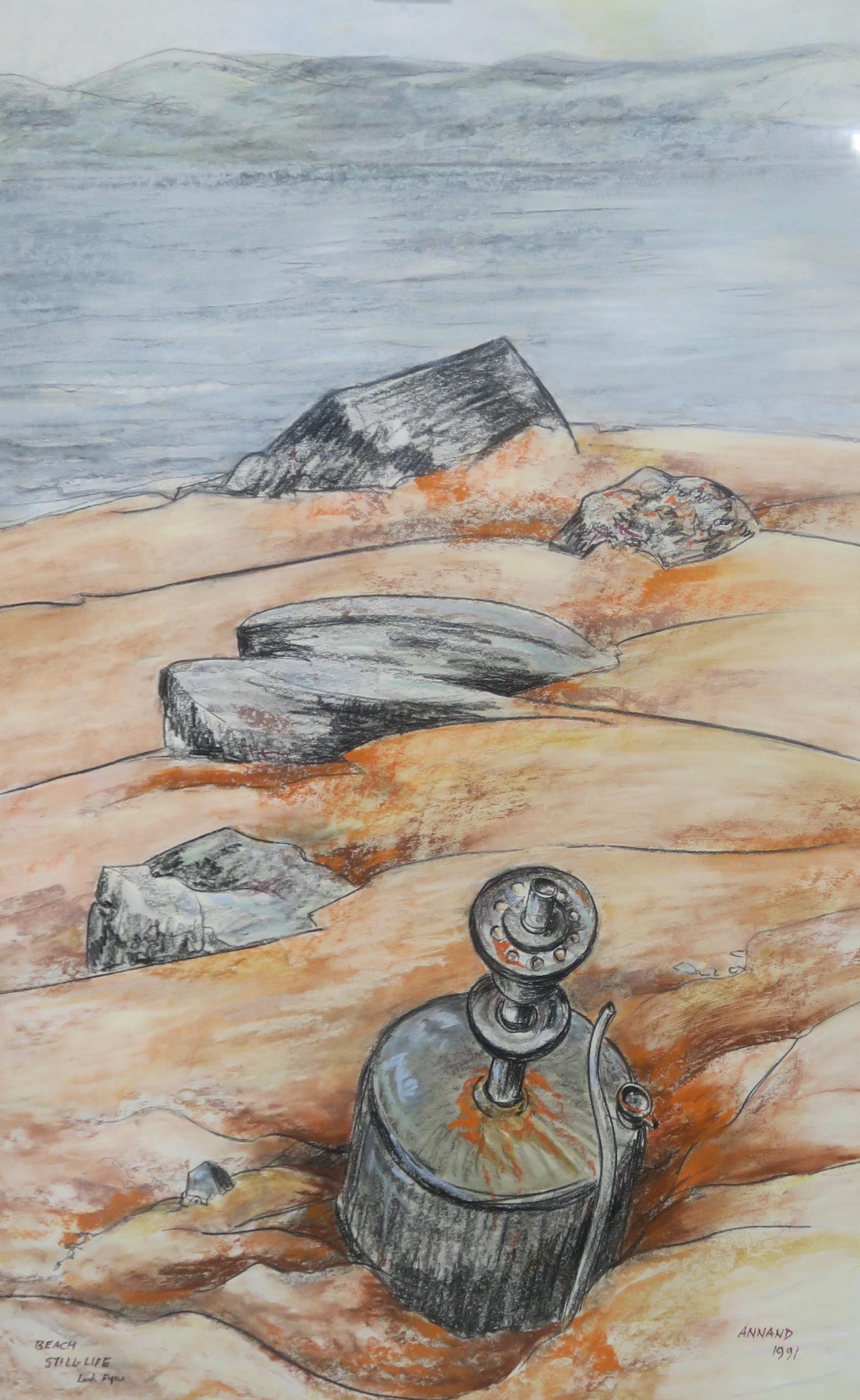 LOUISE GIBSON ANNAND MBE (1915-2012) STILL LIFE ON BEACH, LOCH FYNE Conte and pastel, signed lower