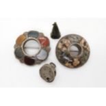 Two white metal Scottish agate inlaid brooches a padlock made from Victorian silver coins and a