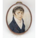 BRITISH SCHOOL PORTRAIT MINIATURE Gentleman, head and shoulders, gilt monogram verso on woven