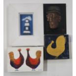 FOUR WORKS COMPRISING ANDREW HUNTER, CHICKENS, Acrylic and gesso applied to wood, 14 x 21cm and