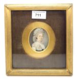 BRITISH SCHOOL PORTRAIT MINIATURE  Lady with high powdered hair and lace dress, 7 x 5.5cm Framed