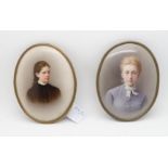 DRESDEN SCHOOL PORCELAIN PORTRAIT MINIATURES Young lady facing left and another facing front, each