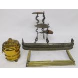 A 20th century cast metal oriental style three tier plant stand, brass coal bucket and two brass