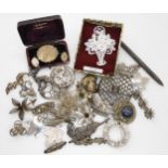 A silver Ganz pen, silver and white metal brooches to include kittens, deer  etc Condition Report: