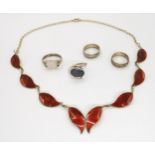 A David Andersen red enamel leaf necklace, an opal doublet silver ring hallmarked Edinburgh, two