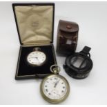 A silver Waltham pocket watch, a military compass in case and a further pocket watch Condition