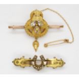 A 9ct gem set brooch and a 9ct seed pearl set horseshoe brooch bar brooch, weight together 6gms