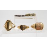 Two 9ct gold signet rings, another ring, weight for all 5.6gms, and two gem set rings Condition