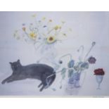 ELIZABETH VIOLET BLACKADDER RA RSA RSW RGI DLitt (SCOTTISH 1931-2021) BLACK CAT WITH FLOWERS Print