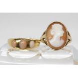 An 18ct three stone coral ring, hallmarked London 1887, size P1/2, weight 4gms, a 9ct gold cameo