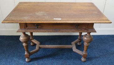 A Victorian oak single drawer hall table on stretchered turned supports, 72cm high x 112cm wide x