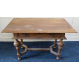 A Victorian oak single drawer hall table on stretchered turned supports, 72cm high x 112cm wide x
