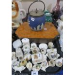 An enamelled dressing table set, a Wedgwood biscuit barrel, EPNS christening set, horn snuff and