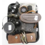 a tray lot binoculars, Thai and Japanese flags, cameras, etc Condition Report:Available upon
