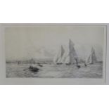 ROWLAND LANGMAID Yacht race, signed, etching, 18 x 32cm, battleship going out, 18 x 33cm and WILLIAM