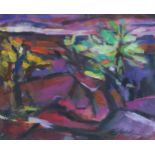 ANNETTE EDGAR (SCOTTISH)  LANDSCAPE IN PURPLE, LANDSCAPE WITH FIGURE Oil on board, signed lower