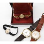 A 9ct gold gents Elco watch, a gold plated gents Tissot Seastar together with two ladies watches a