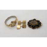 A yellow metal and plaited hair mourning brooch, a pair of 9ct cufflinks and a ladies 9ct Rotary