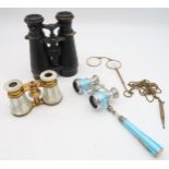 A pair of opera glasses in mother of pearl together with pince nez, binoculars etc Condition