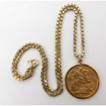 A 1913 gold full sovereign in 9ct pendant mount and box chain, length 40cm, weight 15.9gms Condition