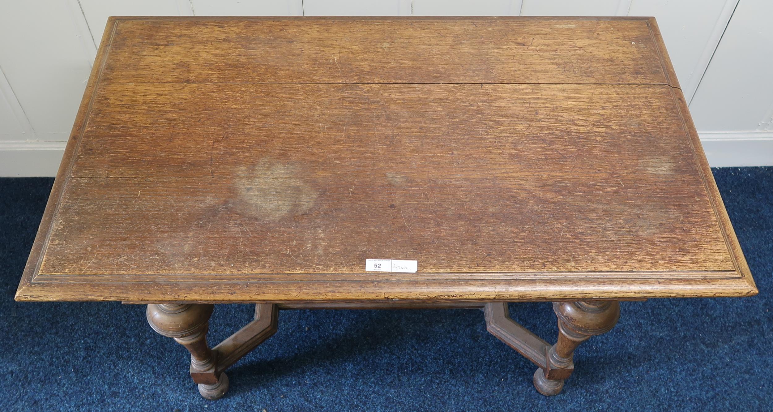 A Victorian oak single drawer hall table on stretchered turned supports, 72cm high x 112cm wide x - Image 2 of 2