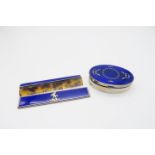 A stamped sterling blue guilloche enamel trinket box, of oval form, with gilt wirework inlay, and