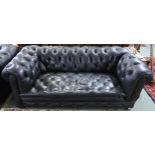 A 20th century black leather button back chesterfield style drop end club settee, 68cm high x