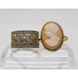 A 9ct gold diamond set dress ring size O1/2, together with a 9ct cameo ring, size Q1/2, weight