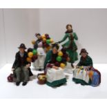 Four Royal Doulton figures including Silks and Ribbons, Old Balloon Seller, The Balloon Man and