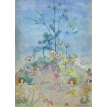 ELIZABETH MARY WATT Pixies, elves, rabbits and flowers on a hill, signed, watercolour, 35 x 25cm