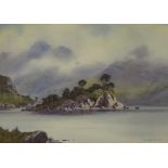 DONALD PATON Loch Katrine with Ben Venue and Ellens Isle, signed, watercolour, 25 x 34cm Condition
