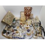 A vintage white metal mounted diamante hair comb, a large owl pendant, a pair of cat brooches, a