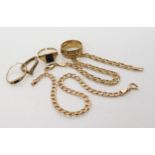 Two 9ct gold chain bracelets, a 9ct retro wide wedding ring, size Q1/2, together with three (af) 9ct