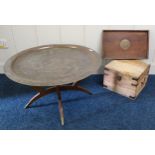 A 20th century brass topped Moorish style table, oriental tray and a metal bound chest (3) Condition