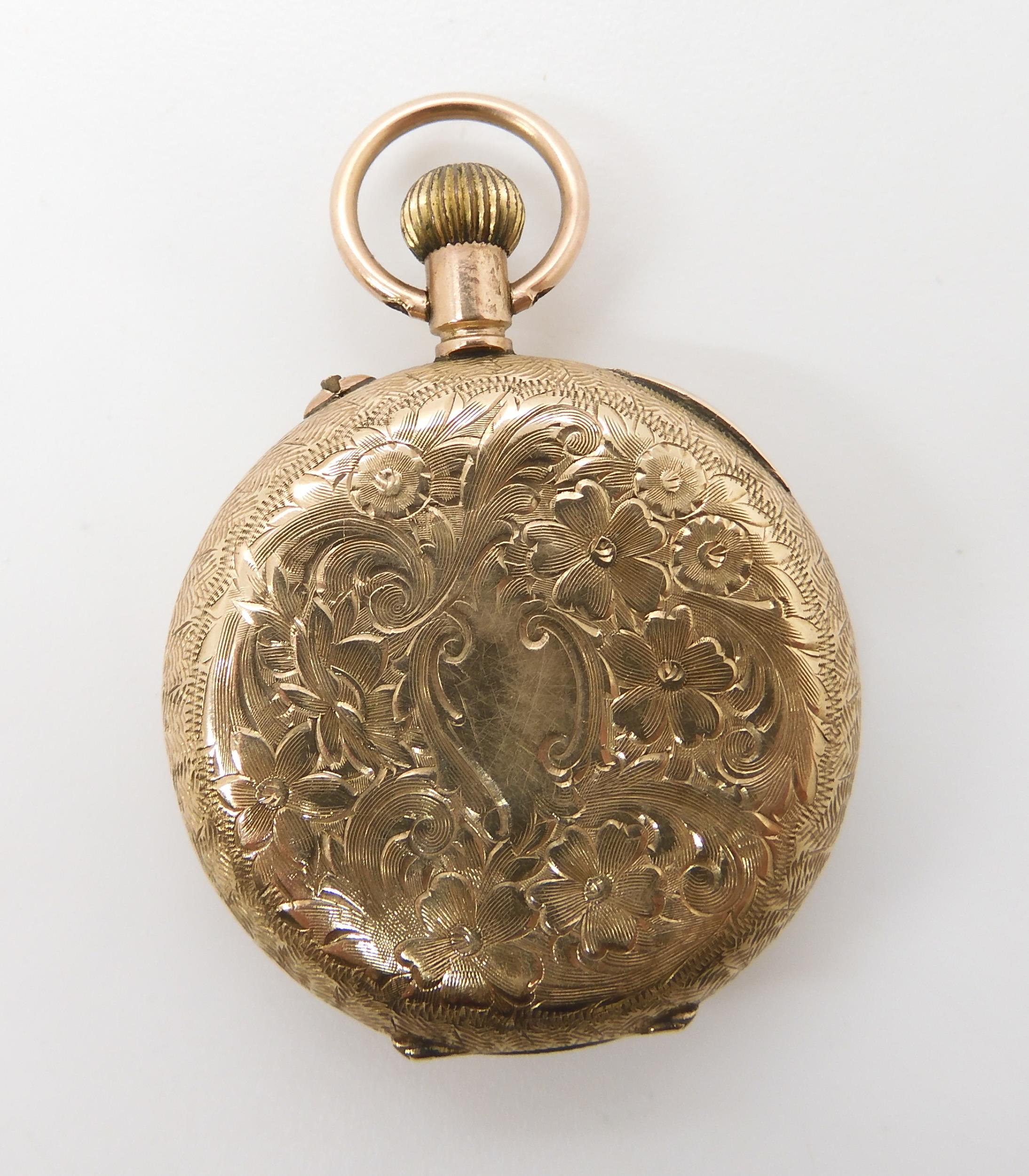A 9ct fob watch with decorative enamelled dial inner dust cover with full Swiss hallmarks, weight - Image 2 of 4