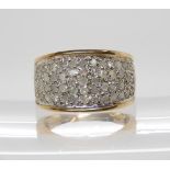 A 9ct gold diamond pave ring, set with estimated approx 1ct of diamonds. Size N, weight 5gms