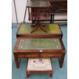 A lot comprising mahogany drop end coffee table, campaign style two drawer coffee table, revolving